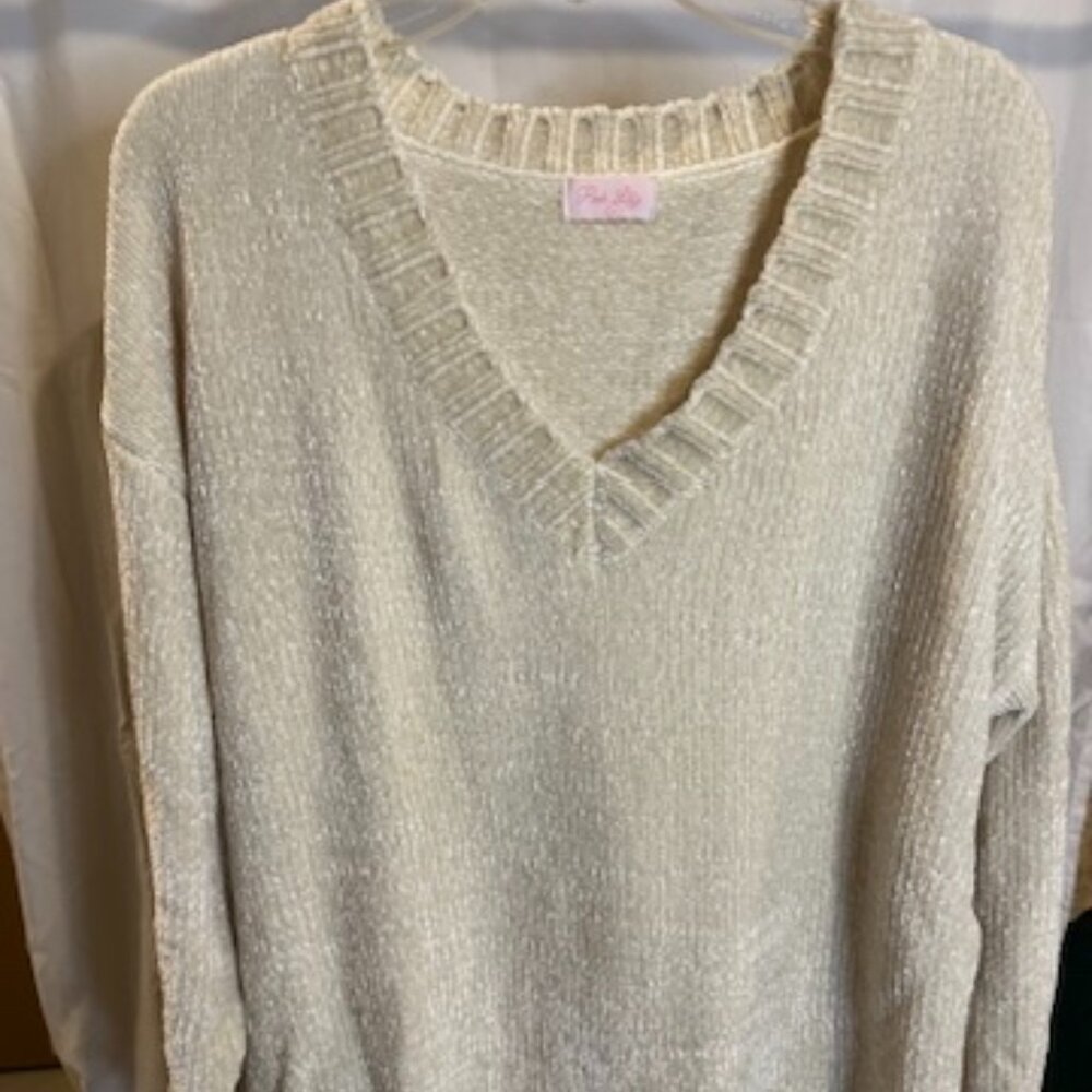 Pink Lily Ivory Chenille V-Neck Sweater Women’s Size Large